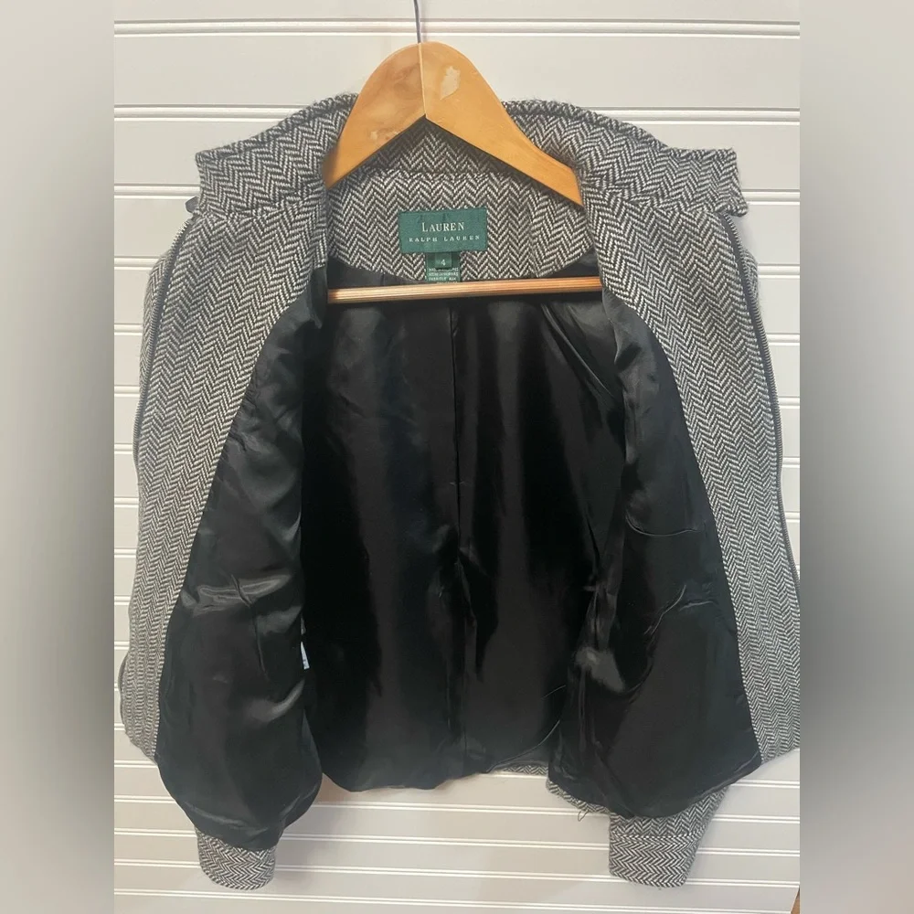 Lauren Ralph Lauren Black & White Herringbone Jacket Wool Alpaca Leather Size 4 - Picture 3 of 11